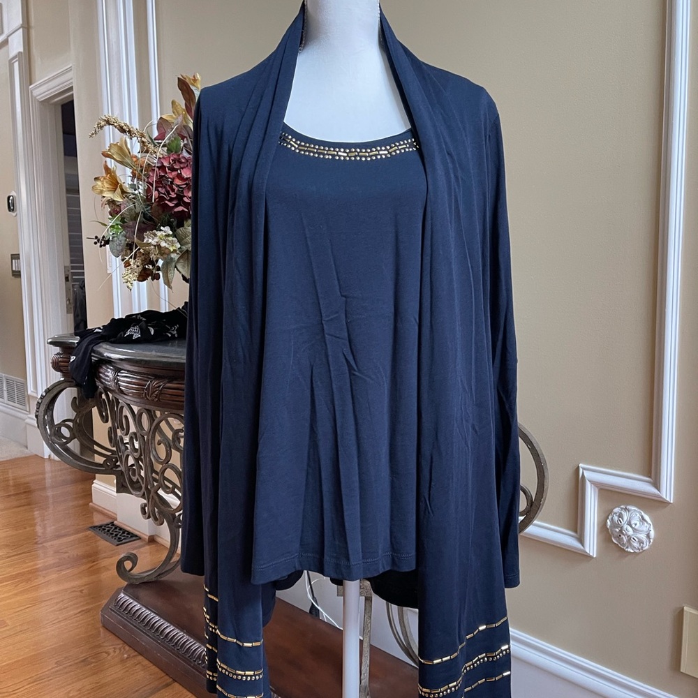 Jones New York Elegant Navy Blue Cardigan and Top Set